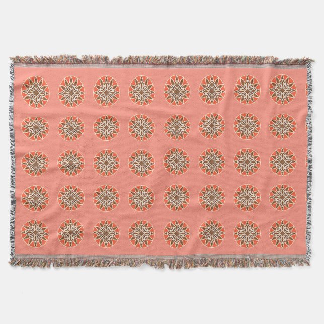 Mandala pattern in chocolate, caramel and coral throw blanket (Front)