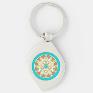 Mandala pattern in chocolate, tan and turquoise key ring