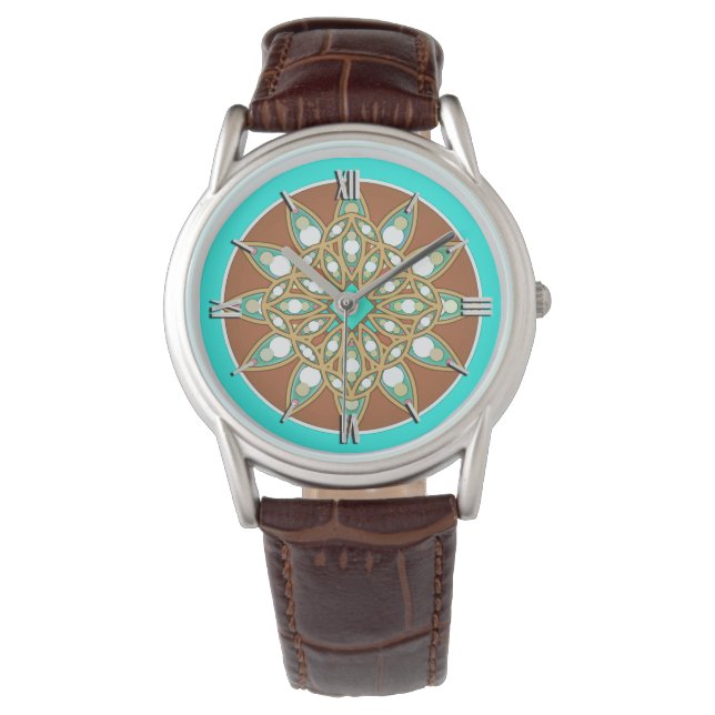 Mandala pattern in chocolate, tan and turquoise watch (Front)