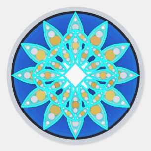 Mandala pattern in cobalt, grey and turquoise classic round sticker