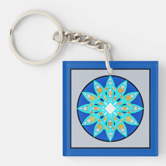 Mandala pattern in cobalt, grey and turquoise key ring (Front)