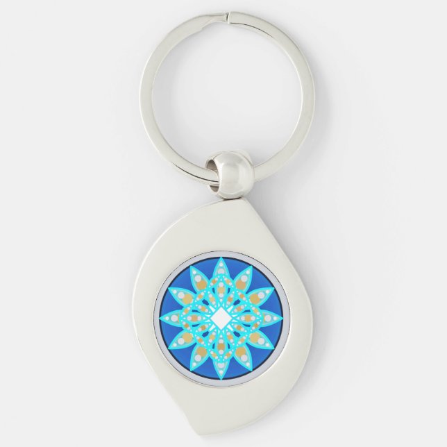 Mandala pattern in cobalt, grey and turquoise key ring (Front)