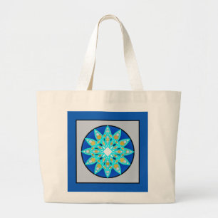 Mandala pattern in cobalt, grey and turquoise large tote bag