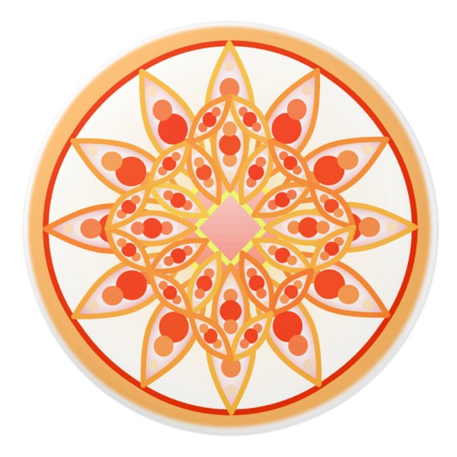 Mandala pattern in coral, orange and gold ceramic knob (Front)