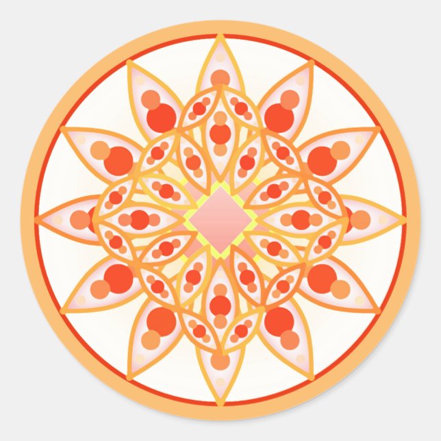 Mandala pattern in coral, orange and gold classic round sticker (Front)