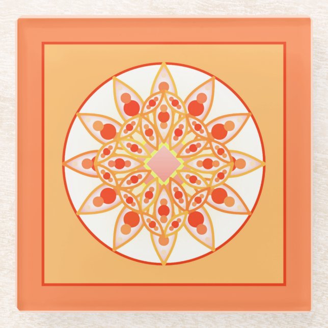 Mandala Pattern in Coral, Orange and Gold Glass Coaster (Front)