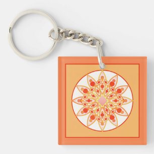 Mandala pattern in coral, orange and gold key ring
