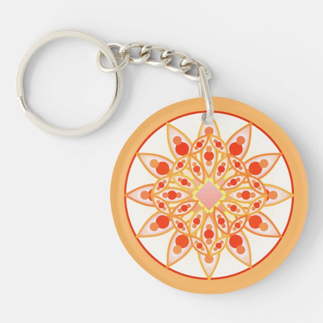 Mandala pattern in coral, orange and gold key ring (Front)