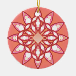 Mandala pattern in coral pink, burgundy and white ceramic tree decoration