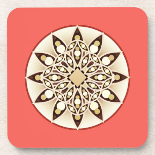 Mandala pattern in coral pink, chocolate and tan coaster