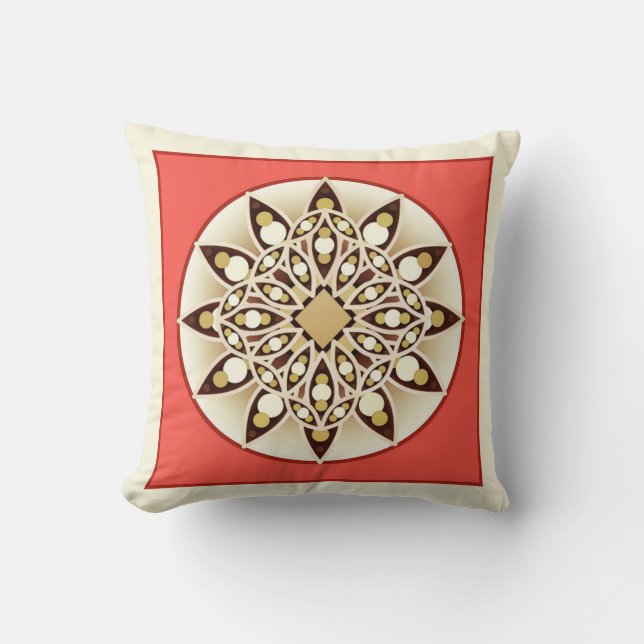 Mandala pattern in coral pink, chocolate and tan cushion (Front)