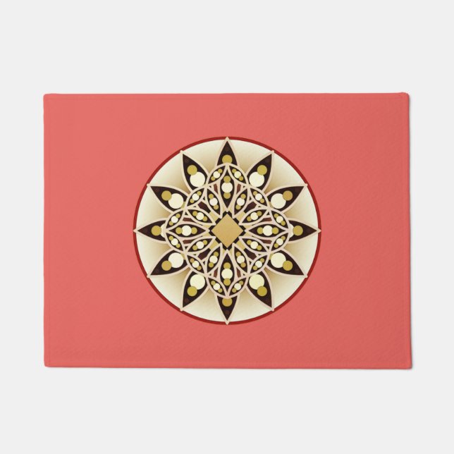 Mandala pattern in coral pink, chocolate and tan  doormat (Front)