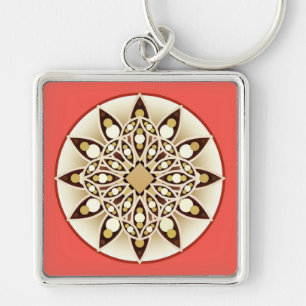 Mandala pattern in coral pink, chocolate and tan key ring