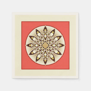 Mandala pattern in coral pink, chocolate and tan napkin
