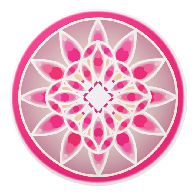 Mandala pattern in fuchsia pink, white and grey ceramic knob (Front)