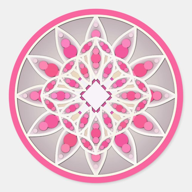 Mandala pattern in fuchsia pink, white and grey classic round sticker (Front)
