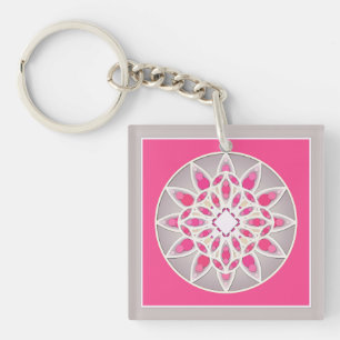 Mandala pattern in fuchsia pink, white and grey key ring