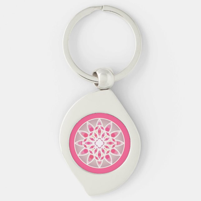Mandala pattern in fuchsia pink, white and grey key ring (Front)