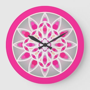 Mandala pattern in fuchsia pink, white and grey large clock