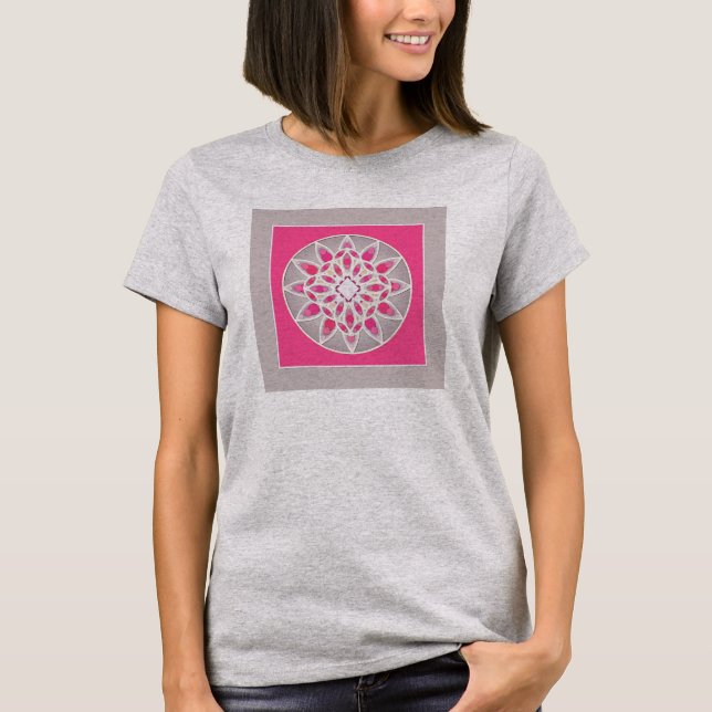 Mandala pattern in fuchsia pink, white and grey T-Shirt (Front)