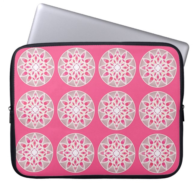 Mandala pattern in hot pink, white and grey laptop sleeve (Front)