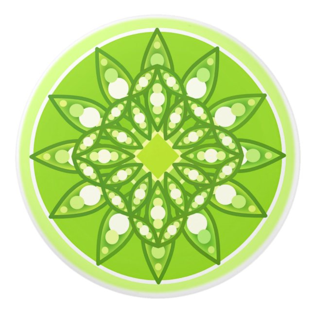 Mandala pattern in shades of lime green ceramic knob (Front)
