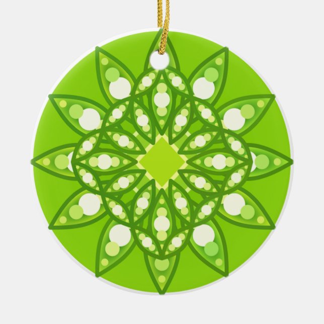 Mandala pattern in shades of lime green ceramic tree decoration (Front)