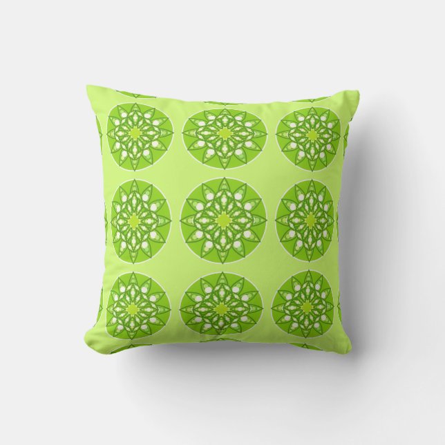 Mandala pattern in shades of lime green cushion (Front)