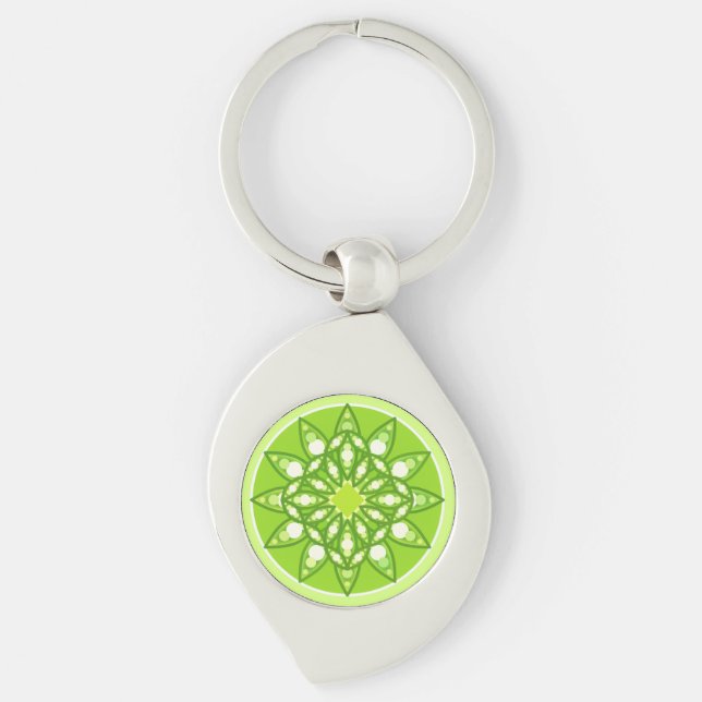 Mandala pattern in shades of lime green key ring (Front)