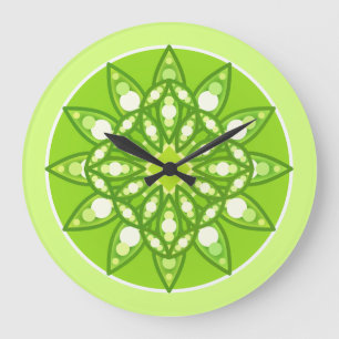 Mandala pattern in shades of lime green large clock