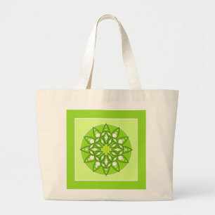 Mandala pattern in shades of lime green large tote bag