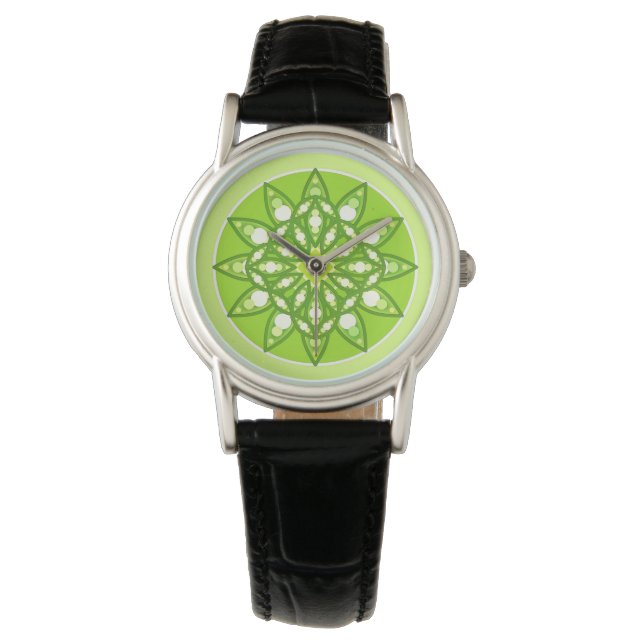 Mandala pattern in shades of lime green watch (Front)