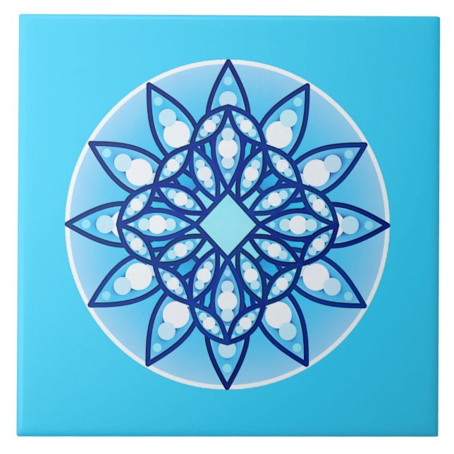 Mandala pattern in sky blue, cobalt & white tile (Front)