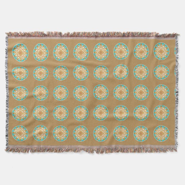Mandala pattern in tan, cream and turquoise throw blanket (Front)
