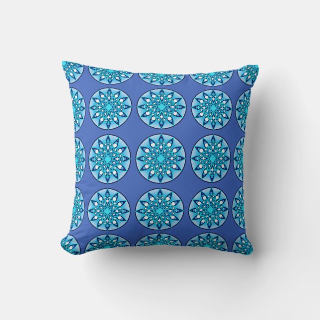 Mandala pattern in turquoise, cobalt & white cushion (Front)