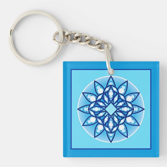 Mandala pattern in turquoise, cobalt & white key ring (Front)