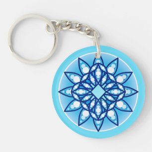 Mandala pattern in turquoise, cobalt & white key ring