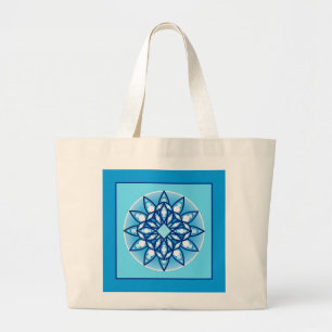 Mandala pattern in turquoise, cobalt & white large tote bag