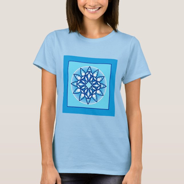 Mandala pattern in turquoise, cobalt & white T-Shirt (Front)