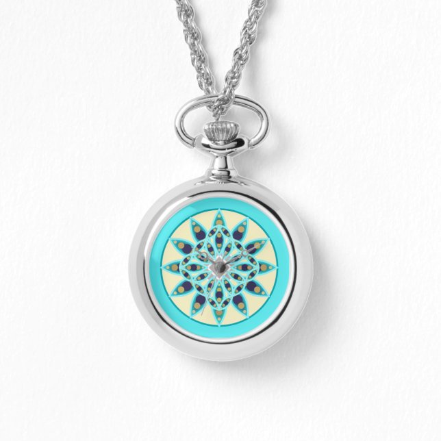 Mandala pattern in turquoise, tan and navy watch (Front)