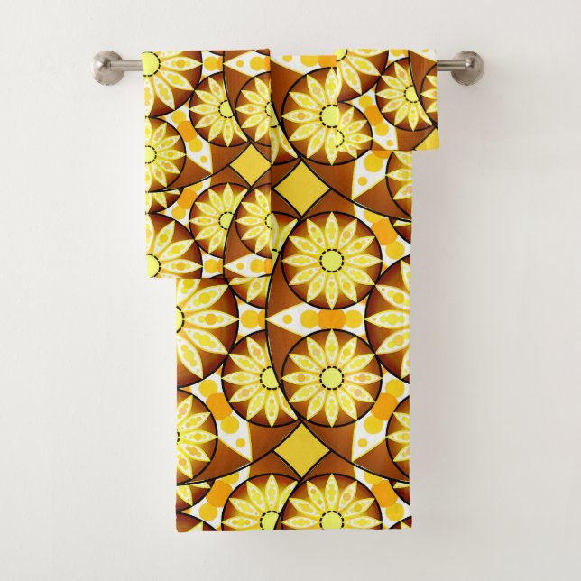 Mandala Pattern, Shades of Brown and Gold Bath Towel Set (Insitu)