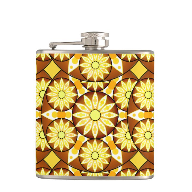 Mandala pattern, shades of brown and gold hip flask (Front)