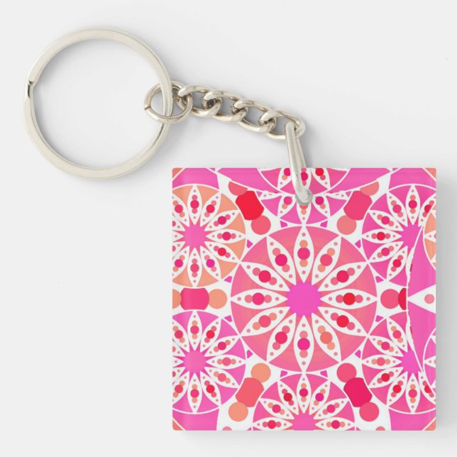 Mandala pattern, shades of pink and coral key ring (Front)