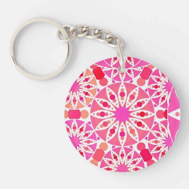 Mandala pattern, shades of pink and coral key ring (Front)