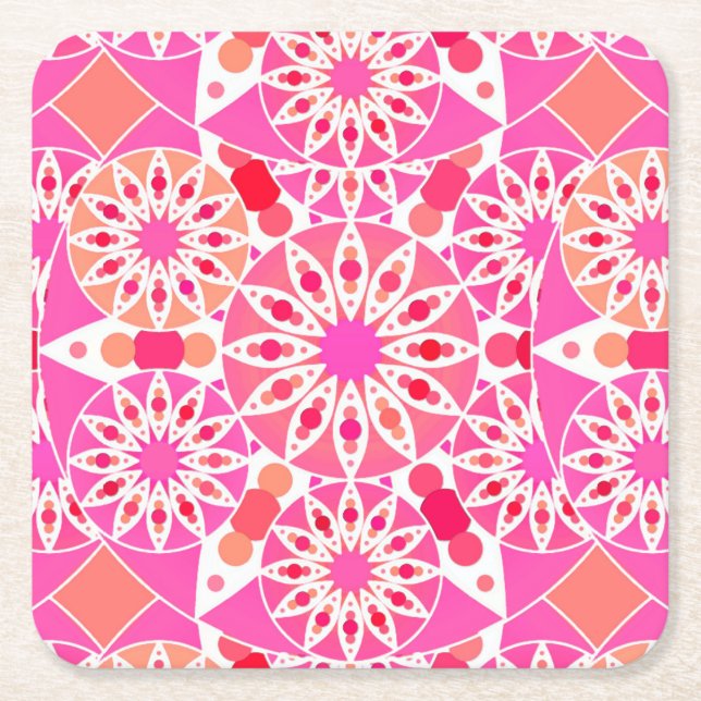 Mandala pattern, shades of pink and coral square paper coaster (Front)