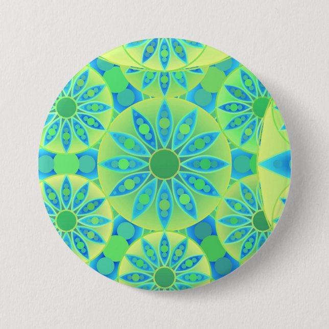 Mandala pattern, turquoise, blue, lime green 7.5 cm round badge (Front)
