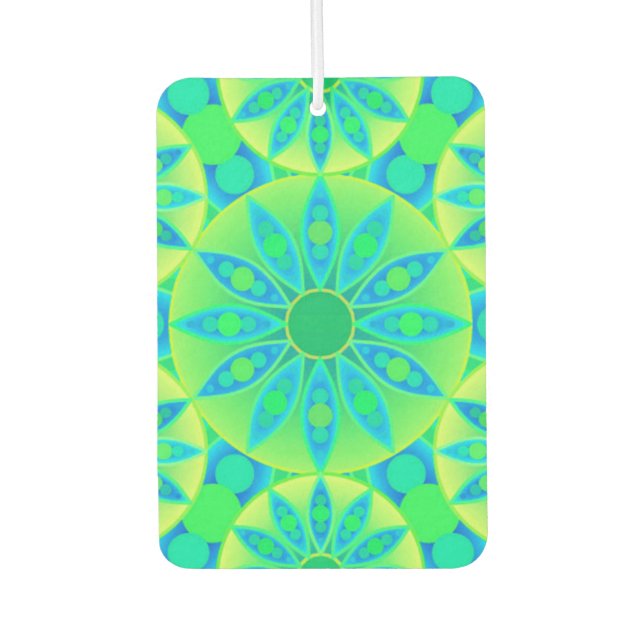 Mandala pattern, turquoise, blue, lime green car air freshener (Front)