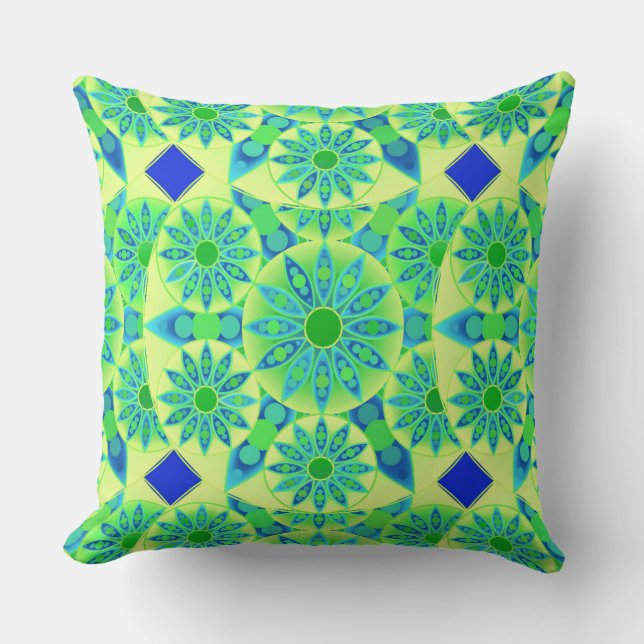 Mandala pattern, turquoise, blue, lime green cushion (Front)
