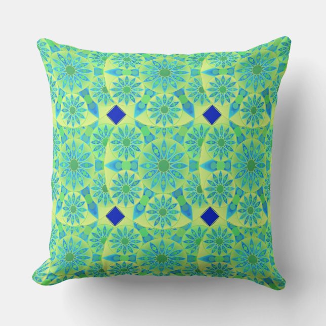 Mandala pattern, turquoise, blue, lime green cushion (Front)