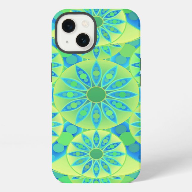 Mandala pattern, turquoise, blue, lime green iPhone case (Back)